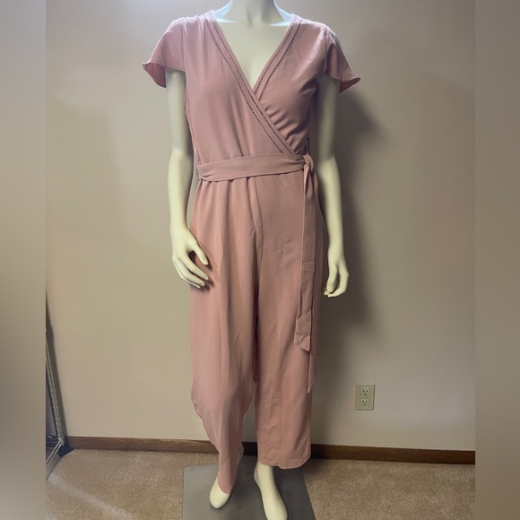 NWT LuLu’s Jumpsuit W/Belt  Sz L Fully Lined Short Sleeve V-Neck Dusty Pink Zip - Picture 3 of 12